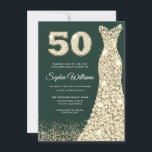Golden Dress Womans 50th Birthday Party Green Invitation<br><div class="desc">Golden Dress Womans 50th Birthday Party Green Invitation Celebrate a milestone with style and elegance! This 50th birthday party invitation showcases a stunning golden dress, signifying grace and sophistication. Set against a deep green backdrop, the sparkling gold details provide a touch of luxury. Invite your loved ones to a memorable...</div>