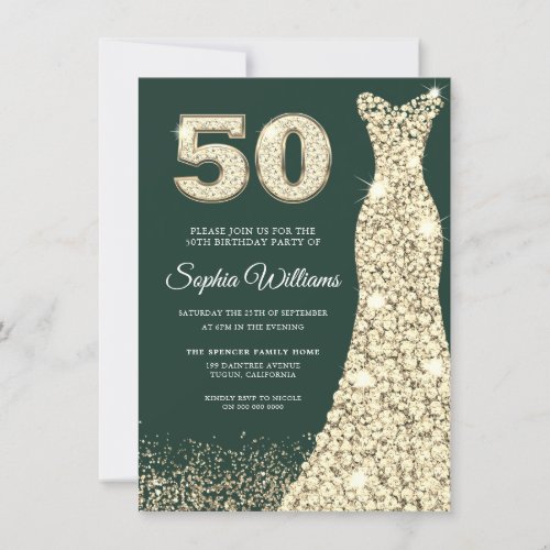 Golden Dress Womans 50th Birthday Party Green Invitation