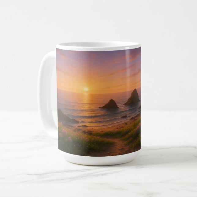 Golden Drift: Sunset Over Wildflower Cove Coffee Mug (Front Left)
