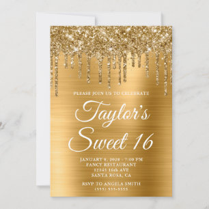 Golden Dripping Glitter Gold Foil Sweet 16 Invitation