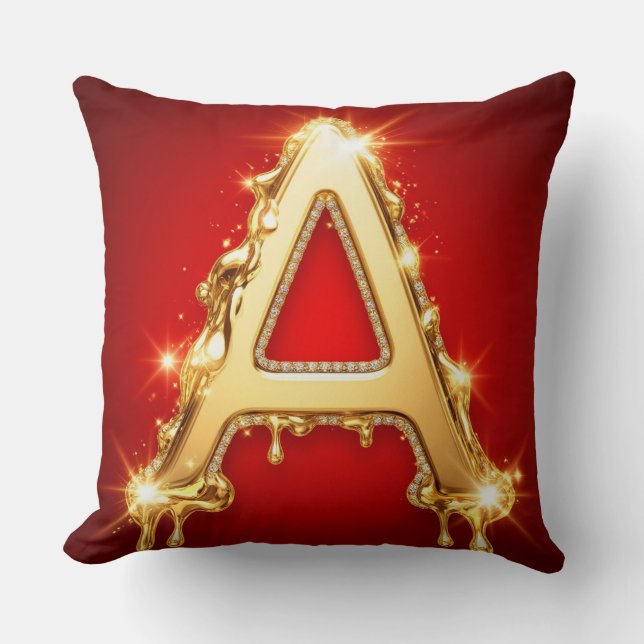Golden Dripping Letter A Diamond Monogram Throw Pillow (Front)