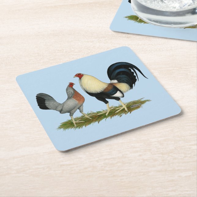 Golden Duckwing Chickens Square Paper Coaster (Angled)