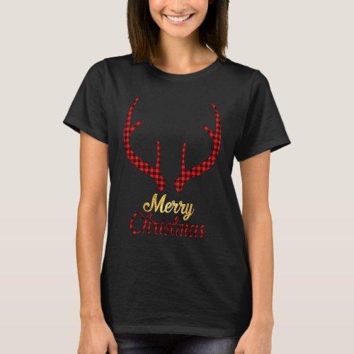 Golden Dust Merry Christmas Buffalo Plaid Reindeer T_Shirt