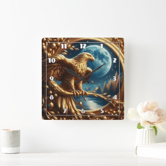 Golden Eagle Perched by Moonlit Lake at Night Square Wall Clock (Home)
