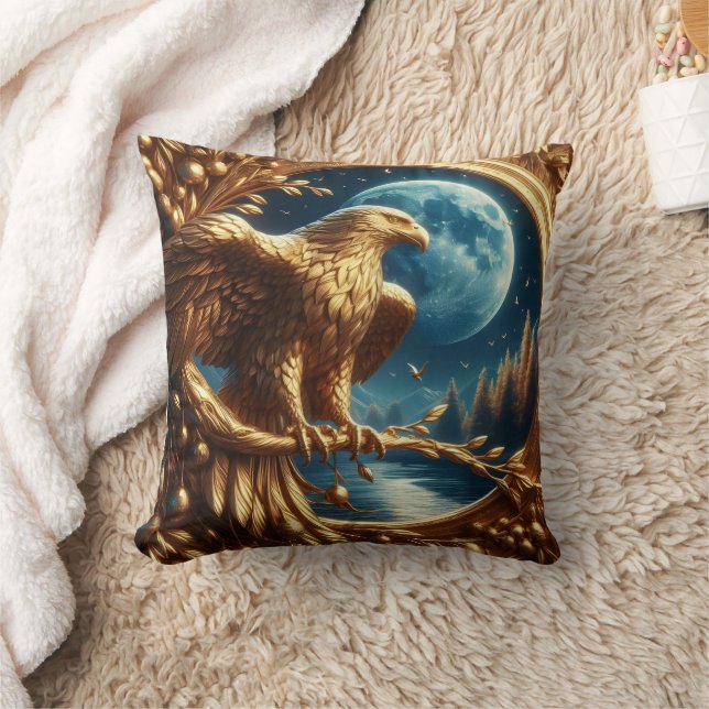 Golden Eagle Perched by Moonlit Lake at Night Throw Pillow (Blanket)