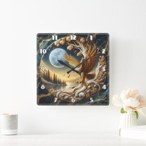 Golden Eagle Perched Near Tranquil Riverbank Square Wall Clock