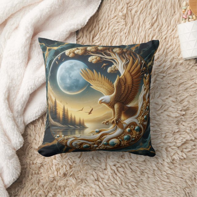 Golden Eagle Perched Near Tranquil Riverbank Throw Pillow (Blanket)