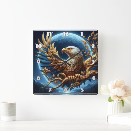 Golden Eagle Perched on Branch at Dusk Square Wall Clock