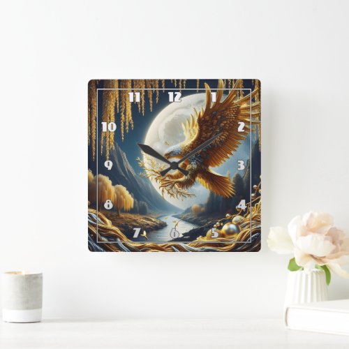 Golden Eagle Perched on Branch at Nighttime Square Wall Clock