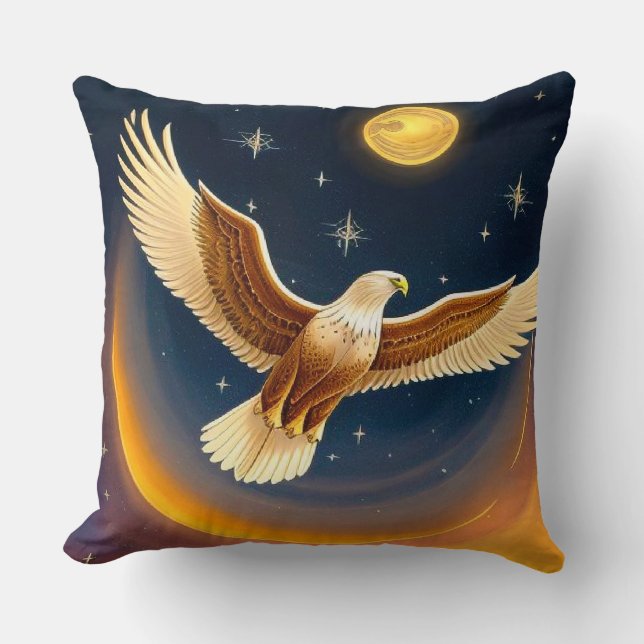 Golden Eagle Under Crescent Moon Throw Pillow (Front)