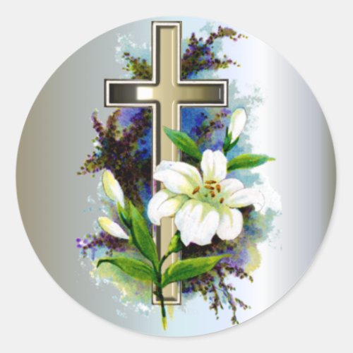 Golden Easter Cross and White Lilly Flowers Classic Round Sticker