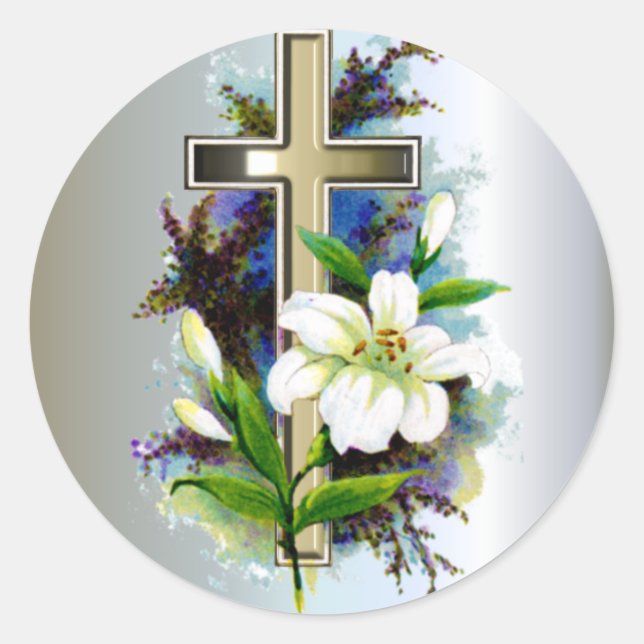 Golden Easter Cross and White Lilly Flowers Classic Round Sticker (Front)