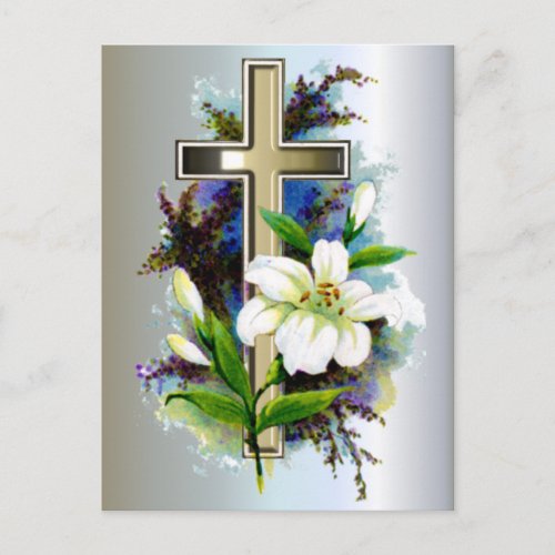 Golden Easter Cross and White Lilly Flowers Holiday Postcard