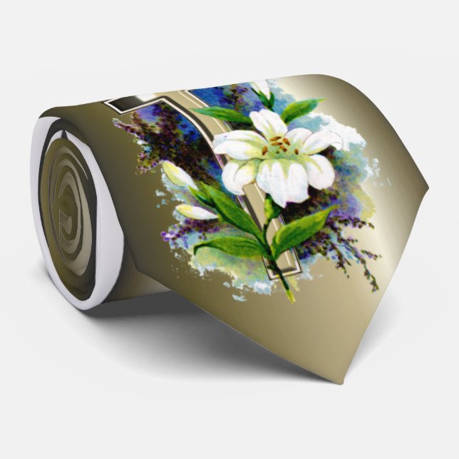 Golden Easter Cross and White Lilly Flowers Neck Tie (Rolled)
