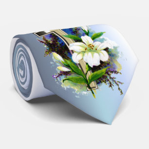 Golden Easter Cross and White Lilly Flowers Neck Tie