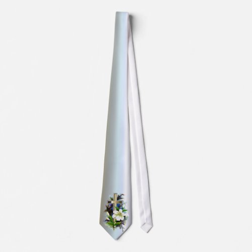 Golden Easter Cross and White Lilly Flowers Neck Tie