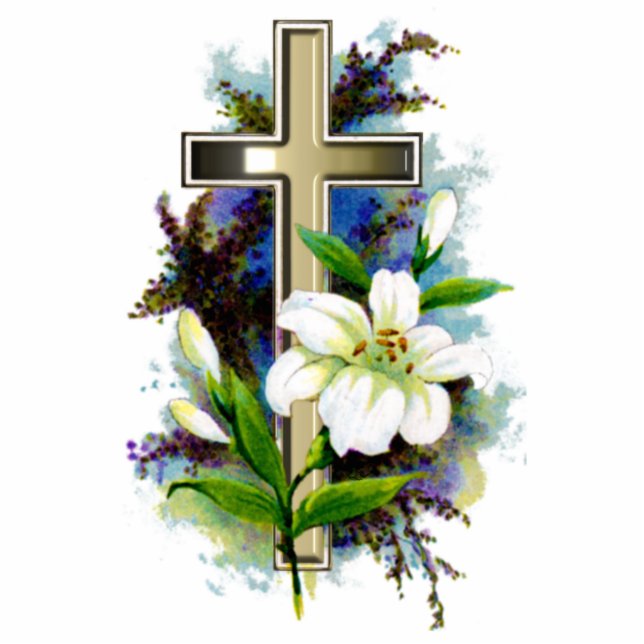 Golden Easter Cross and White Lilly Flowers Statuette (Front)