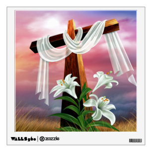 Golden Easter Cross and White Lilly Flowers Wall Sticker