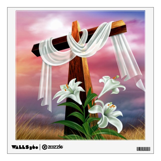 Golden Easter Cross and White Lilly Flowers Wall Sticker (Front)