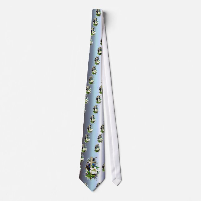 Golden Easter Cross - White Lilly Flowers - Blue Neck Tie (Front)