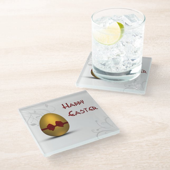 Golden Easter Egg with Bow Floral Swirl Pattern Glass Coaster (Angled)