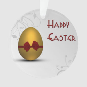Golden Easter Egg with Bow Floral Swirl Pattern Ornament