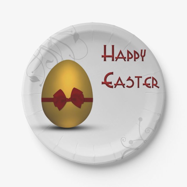 Golden Easter Egg with Bow Floral Swirl Pattern Paper Plates (Front)