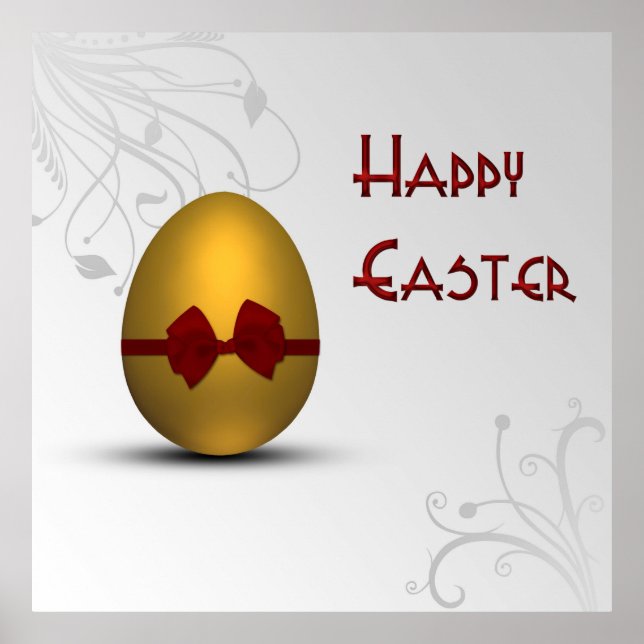 Golden Easter Egg with Bow Floral Swirl Pattern Poster (Front)