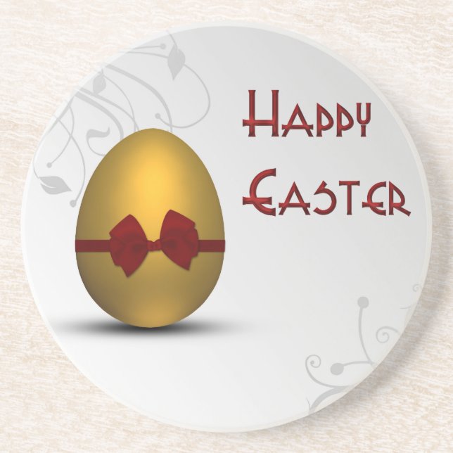 Golden Easter Egg with Bow Floral Swirl Pattern Sandstone Coaster (Front)