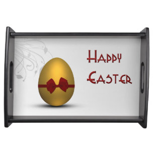 Golden Easter Egg with Bow Floral Swirl Pattern Serving Tray