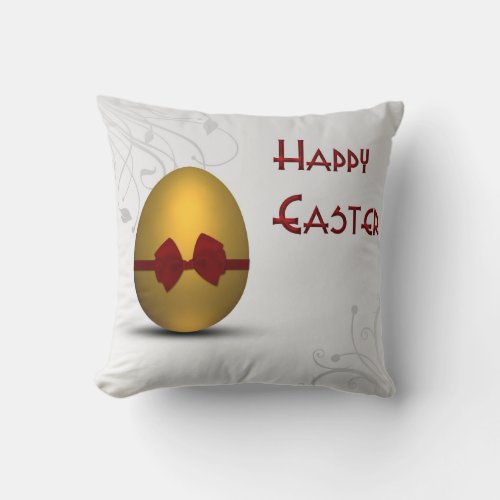 Golden Easter Egg with Bow Floral Swirl Pattern Throw Pillow