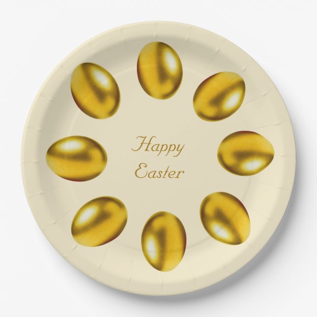 Golden Easter Eggs on Beige Paper Plates (Front)