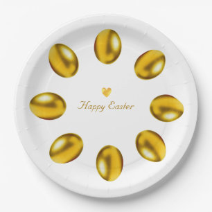 Golden Easter Eggs on White Paper Plates