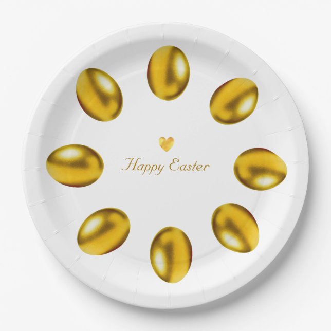 Golden Easter Eggs on White Paper Plates (Front)