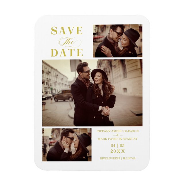 Golden Effect Modern 3 Custom Photos Wedding Magnet (Vertical)