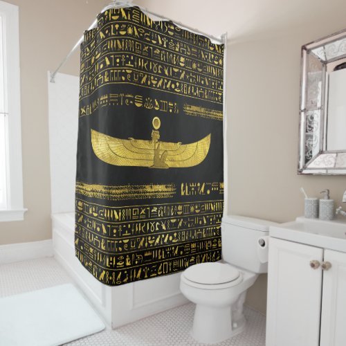 Golden Egyptian God Ornament on black leather Shower Curtain