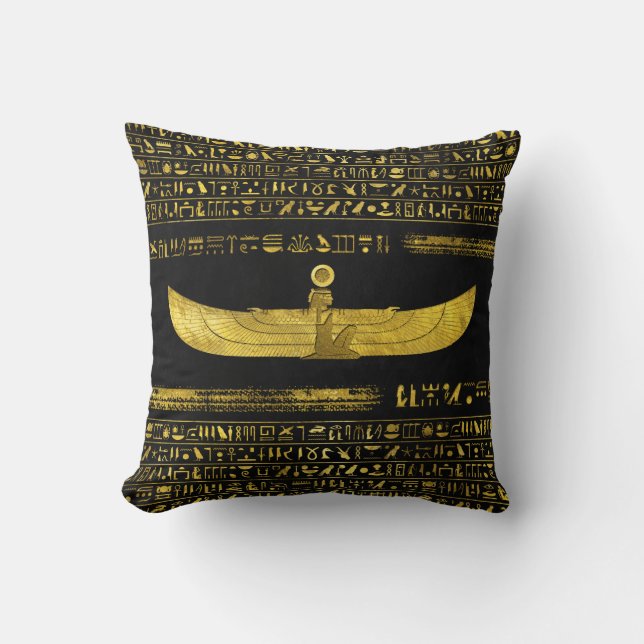 Golden Egyptian God Ornament on black leather Throw Pillow (Front)