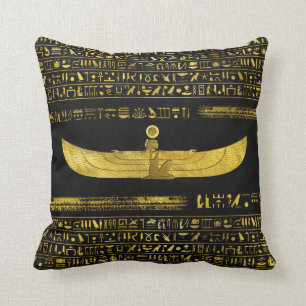 Golden Egyptian God Ornament on black leather Throw Pillow