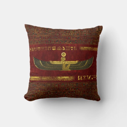 Golden Egyptian God Ornament on red leather Throw Pillow