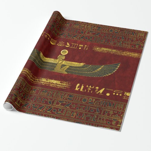 Golden Egyptian God Ornament on red leather Wrapping Paper
