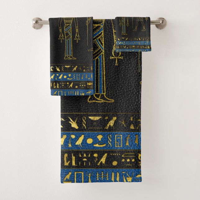 Golden Egyptian Gods and hieroglyphics on leather Bath Towel Set (Insitu)
