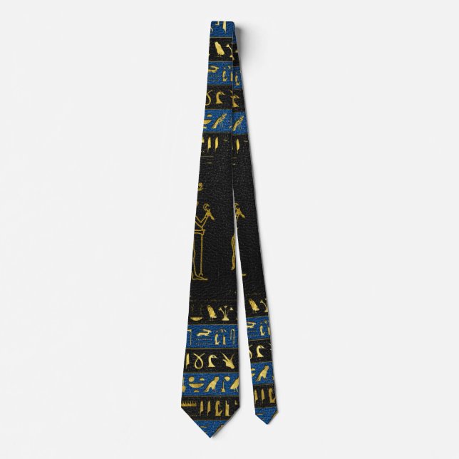 Golden Egyptian Gods and hieroglyphics on leather Neck Tie (Front)
