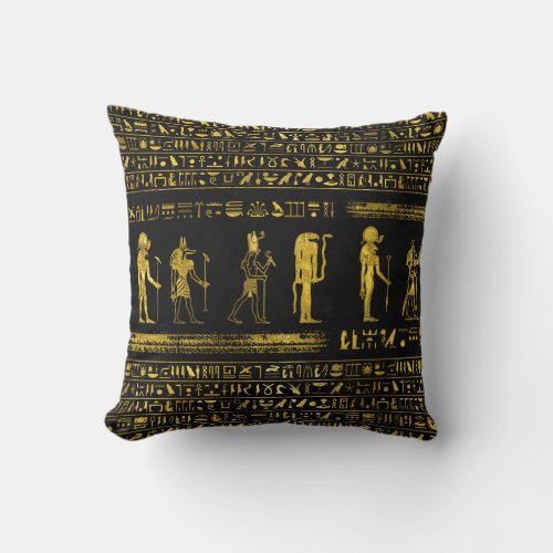 Golden Egyptian Gods and hieroglyphics on leather Throw Pillow