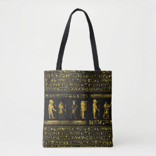 Golden Egyptian Gods and hieroglyphics on leather Tote Bag