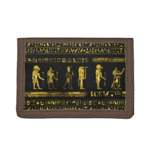 Golden Egyptian Gods and hieroglyphics on leather Tri-fold Wallet