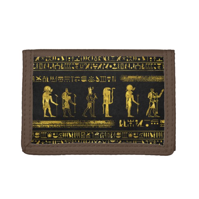 Golden Egyptian Gods and hieroglyphics on leather Trifold Wallet (Front)