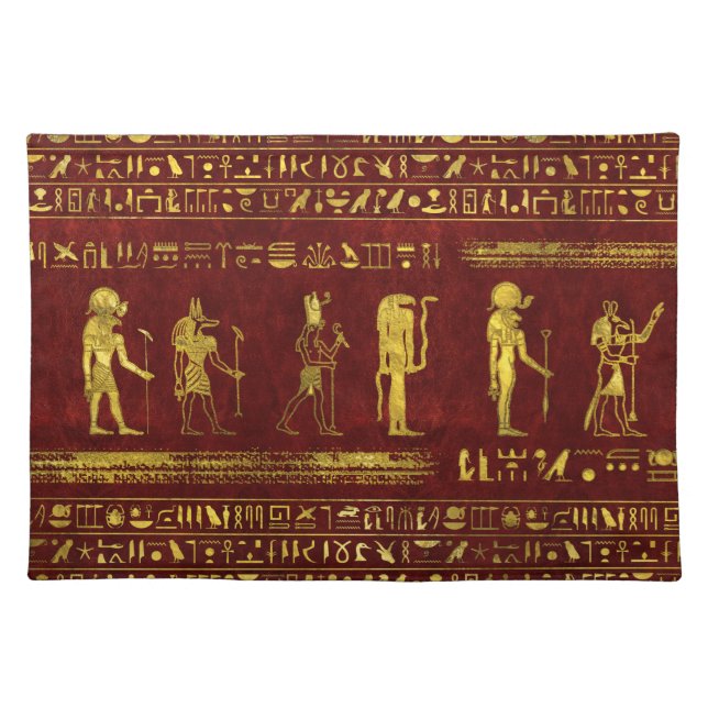 Golden Egyptian Gods  on red leather Cloth Placemat (Front)