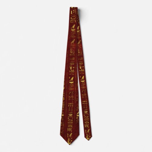 Golden Egyptian  hieroglyphics on red leather Neck Tie