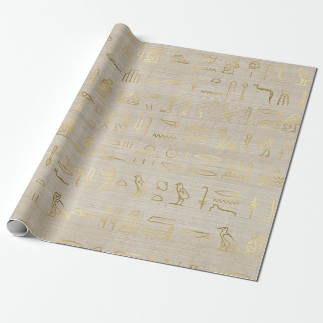 Golden Egyptian Hieroglyphs on Papyrus Texture Wrapping Paper (Unrolled)