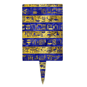 Golden Egyptian hieroglyphs pattern blue stone Cake Topper
